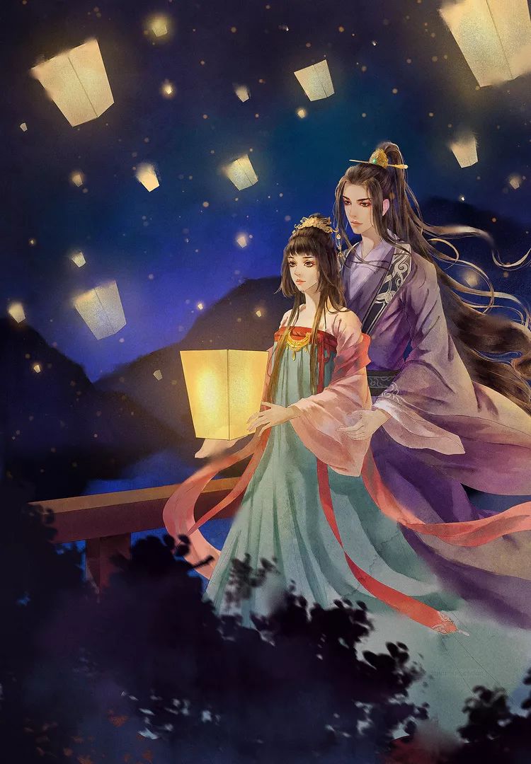 七夕古风情侣插画|  天阶夜色凉如水，坐看牵牛织女星。