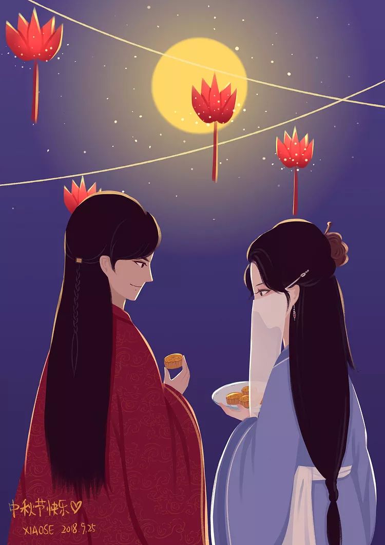 七夕古风情侣插画|  天阶夜色凉如水，坐看牵牛织女星。